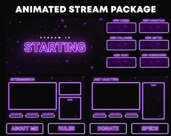Animated Twitch Overlay Pack | Purple Neon Stream Package | Clean Minimalistic Aesthetic Stream Overlays Package