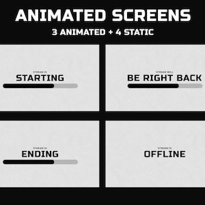 Könnte beinhalten: Vier animierte Bildschirme für das Streaming, mit weißem Hintergrund und schwarzem Text. Die Bildschirme zeigen "Stream is Starting", "Stream will Be Right Back", "Stream is Ending" und "Stream is Offline".