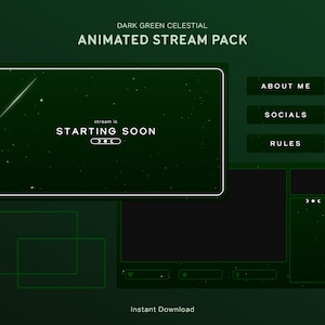 Paquete de superposiciones de transmisión celestial verde oscuro / Paquete de superposiciones animadas para Twitch / Estrellas galácticas, Noche estrellada, Estética, Minimalista