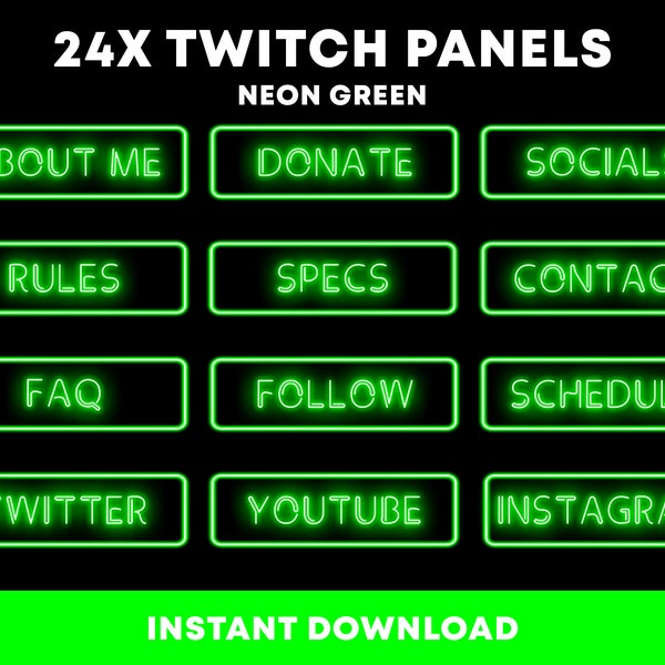 24x Twitch Panels | Green Neon Panels | Cute Twitch Panels | Clean Neon Panels | Panels for Streaming