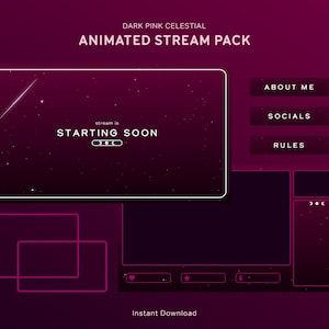 Paquete de superposiciones de transmisión celestial rosa oscuro / Paquete de superposiciones animadas para Twitch / Estrellas galácticas, Noche estrellada, Estética, Minimalista