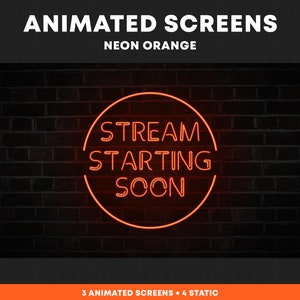 Op de afbeelding: Geanimeerd scherm in neonoranje met de tekst "STREAM STARTING SOON" in een cirkel op een achtergrond van een bakstenen muur.