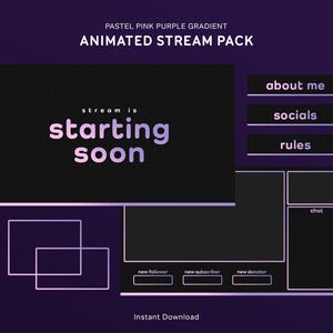 Peut inclure: Pack de flux animé avec un dégradé rose pastel et violet. Il comprend un écran "stream is starting soon", ainsi que des panneaux pour "about me", "socials" et "rules". Des panneaux supplémentaires sont disponibles pour les nouveaux abonnés et donateurs.