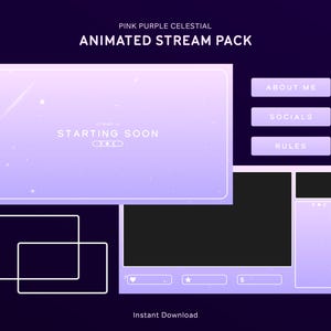 以下が含まれることがあります： ピンクと紫の天体テーマのデジタルアニメーションストリームパック。「Starting Soon」画面、Webカメラフレーム、「About Me」、「Socials」、「Rules」のパネルが含まれています。「Instant Download」の文字が一番下にあります。