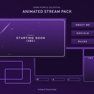 Paquete de superposiciones de transmisión celestial en morado oscuro / Paquete de superposiciones animadas para Twitch / Estrellas galácticas, Noche estrellada, Estética, Minimalista