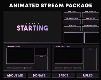 Twitch Overlay Pack | Animated Pink Purple Gradient Package | Minimal Stream Overlays Pack