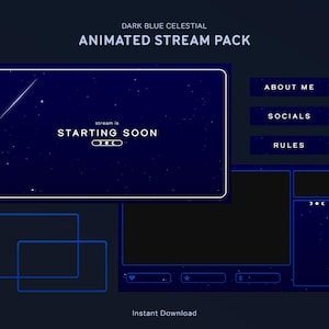 Paquete de superposiciones de transmisión celestial azul oscuro / Paquete de superposiciones animadas para Twitch / Estrellas galácticas, Noche estrellada, Estética, Minimalista
