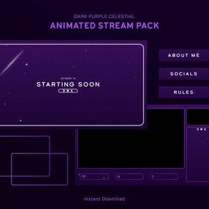 Paquete de superposiciones de transmisión celestial en morado oscuro / Paquete de superposiciones animadas para Twitch / Estrellas galácticas, Noche estrellada, Estética, Minimalista