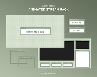 Green Retro Stream Overlay Package | Animated Twitch Overlays Pack | Lofi, Computer Theme, Pixel, Aesthetic, Minimal