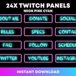 24x Twitch Panels | Pink Cyan Neon Panels | Cute Twitch Panels | Clean Neon Panels | Panels for Streaming