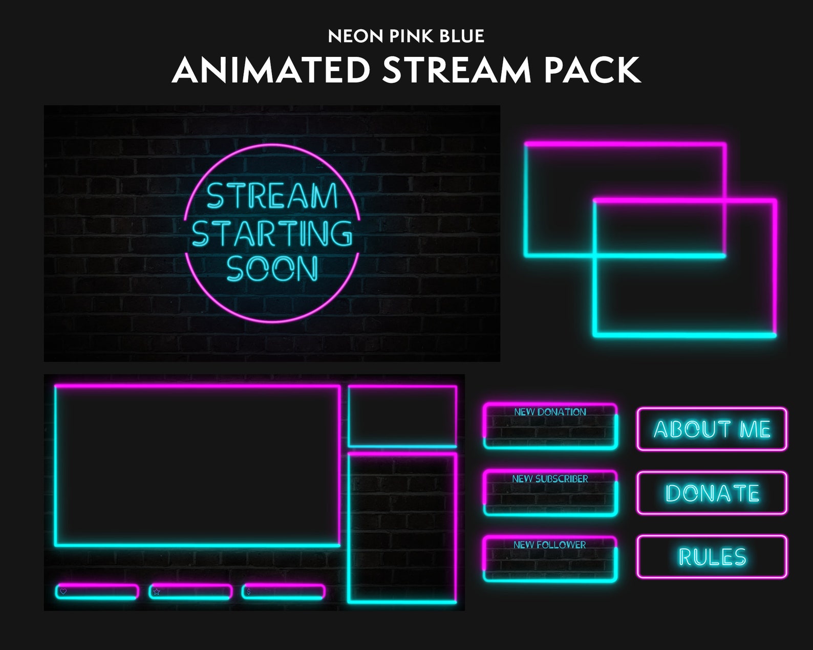 ANIMATED Twitch Overlay Pack | Pink Blue Neon Package | Stream Overlays ...