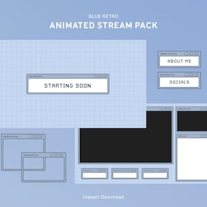 Blaues Retro Stream Overlay Paket | Animiertes Twitch Overlays Paket | Lofi, Computer Theme, Pixel, Ästhetik, Minimal
