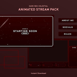 Paquete de superposiciones de transmisión celestial en rojo oscuro / Paquete de superposiciones animadas para Twitch / Estrellas galácticas, Noche estrellada, Estética, Minimalista