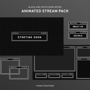 May include: Black and white retro animated stream pack with a dark aesthetic. Includes "Starting Soon", "About Me", and "Socials" screens, plus webcam and chat layouts. The design features a grid background and a retro computer interface.