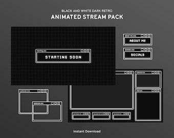 Black and White Dark Retro Stream Overlay Package | Animated Twitch Overlays Pack | Lofi, Computer Theme, Pixel, Aesthetic, Minimal