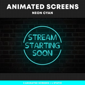 Puede incluir: Pantalla animada con un círculo de neón cian sobre un fondo de pared de ladrillo. El círculo dice "STREAM STARTING SOON".