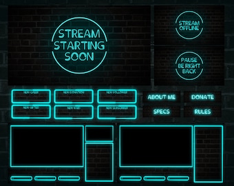 Stream Overlay Pack Neon Cyan - Animated Twitch Overlays Package