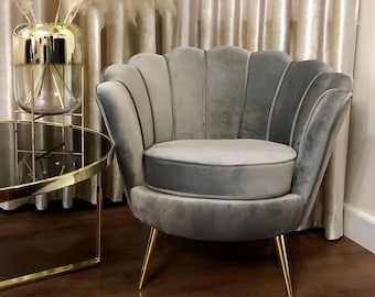 Modern Grey Velvet Shell Chair – Soft Glam Accent Armchair for Entryway, Makeup Vanity, Bedroom or Salon Waiting Room Decor
