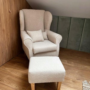 Creamy Bouclé Wingback armchair + FOOTSTOOL/ nursing chair // Schaukelstuhl/ Sessel