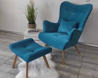 Turquoise Scandinavische Venus Velvet fauteuil + VOETENSTOEL/ verzorgingsstoel // Schaukelstuhl/ Sessel