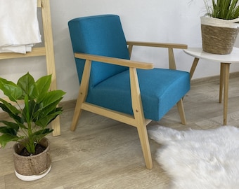 Blue low-slung wooden bahama armchair inspired by Polish chairs from the 1960-70s//Sessel//Poltrona//fauteuil//Vintage//Scandinavian