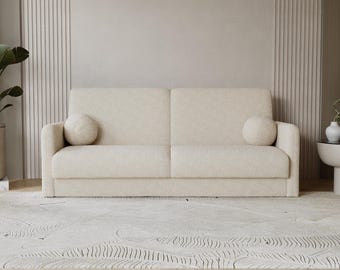 Curved Ecru Bouclé Sofa Bed – Japandi Minimalist Sleeper Couch, With or Without Armrests, Modern Living & Practical Sleep Function