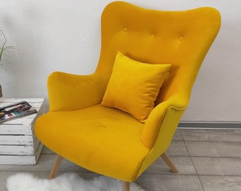 Yellow Scandinavian venus velvet armchair/ nursing chair // Schaukelstuhl/ Sessel //WINGBACK