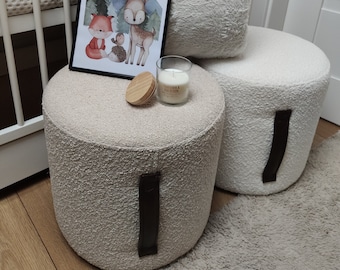 White Bouclé Boho pouf-natural leather handle / Scandinavian pouf/ nursery decor // puff// modern table// home decor// cozy-teddy table