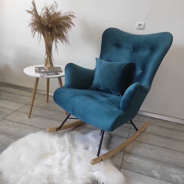 Turquoise Scandinavian French Velvet rocking armchair/ nursing chair // Schaukelstuhl/ Sessel //WINGBACK