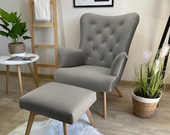 Fauteuil en velours magique scandinave gris- dossier matelassé/ chaise de soins infirmiers // Schaukelstuhl/ Sessel // WINGBACK + FOOTSTOOL