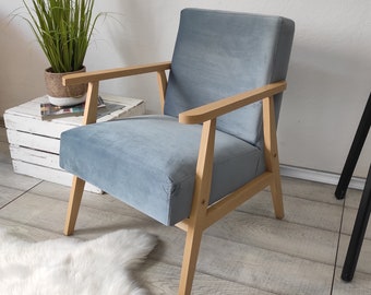 Blue low-slung wooden magic velvet armchair inspired by Polish chairs from the 1960-70s//Poltrona//fauteuil//Vintage//Scandinavian