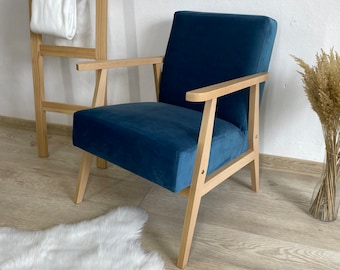 Navy low-slung wooden mv armchair inspired by Polish chairs from the 1960-70s//Poltrona//fauteuil//Vintage//Scandinavian