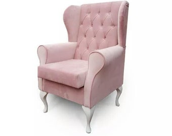 Fauteuil à oreilles Chesterfield rose + COUSSIN //FAIT SUR MESURE/ chaise de soins infirmiers // Schaukelstuhl/ Sessel