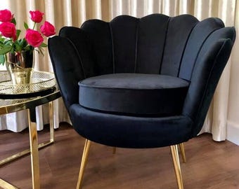 Black Velvet Shell Chair – Bold Glam Accent Armchair with Gold Legs, Perfect for Modern Vanity, Bedroom, Boutique or Stylish Waiting Room