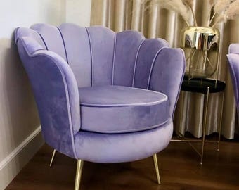 Dusty Lavender Violet Velvet Shell Chair – Romantic Accent Armchair with Gold Legs, Ideal for Bedroom, Vanity, Boutique or Soft Interiors