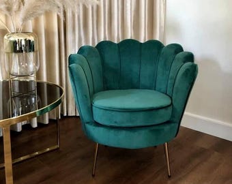 Bottle Green Velvet Shell Chair – Glamorous Accent Armchair with Gold Legs, Perfect for Salon, Vanity, Bedroom or Waiting Room Decor