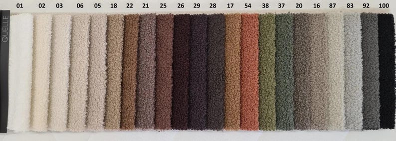 May include: A color swatch card featuring a variety of fabric samples in a range of colors. The samples are arranged vertically and include shades of white, beige, brown, green, and gray. The word "QUELLE" is printed vertically on the left side.