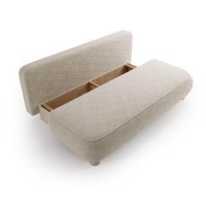 May include: Beige upholstered storage bench with a rounded design. The bench has a lift-up lid revealing a wooden storage compartment. The bench is supported by short, rounded legs. The fabric has a textured appearance.