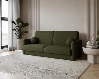 Olive Green Bouclé Sofa Bed – Modern Sleeper Couch, With or Without Armrests, Cozy Earth-Tone Living Room