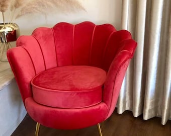 Red Velvet Shell Chair – Bold Glam Accent Armchair with Gold Legs, Perfect for Bedroom, Vanity, Salon or Statement Boutique Waiting Room