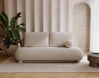 Divano letto curvo in Écru Bouclé – Eleganza Japandi con pratica funzione letto, divano letto minimalista per spazi abitativi moderni