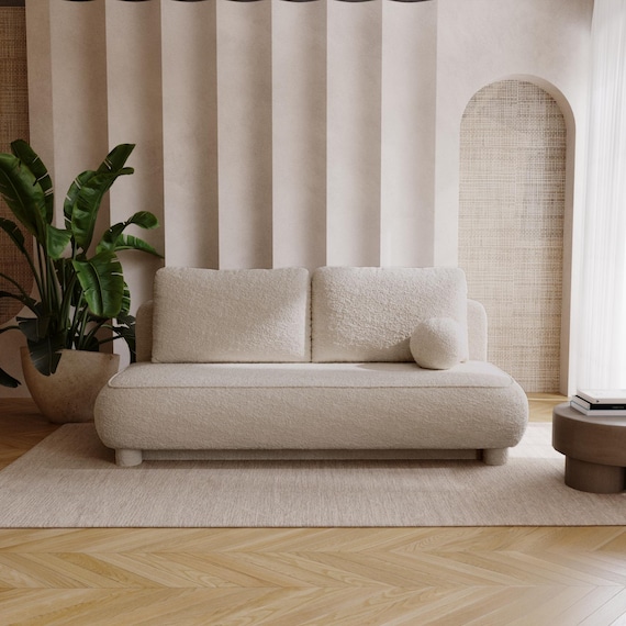 Curved Ecru Bouclé Sofa Bed – Japandi Elegance With Practical