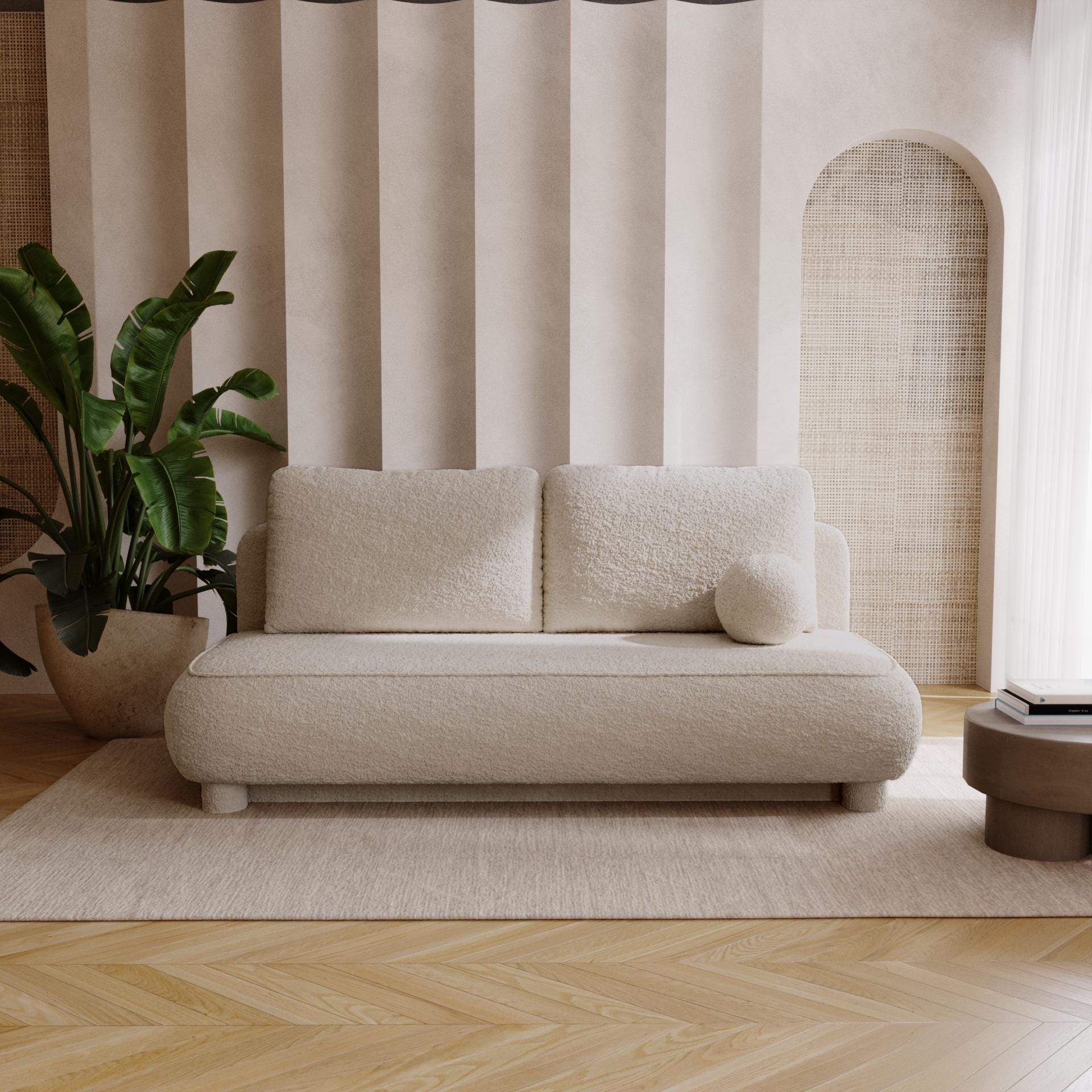 Curved Ecru Bouclé Sofa Bed – Japandi Elegance With Practical