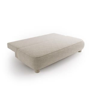 May include: A beige upholstered ottoman with a rectangular shape and rounded corners. The ottoman has a split design on top and rests on four short, cylindrical legs. The fabric has a textured appearance.