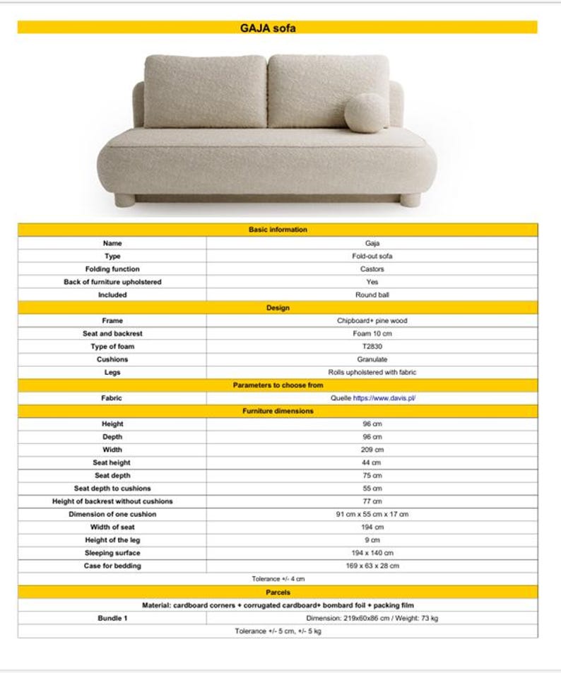 May include: A beige GAJA sofa with a rounded design. The sofa has two large back cushions and a smaller round cushion. The dimensions are 96 cm high, 96 cm deep, and 209 cm wide. The seat height is 44 cm, and the seat depth is 75 cm.