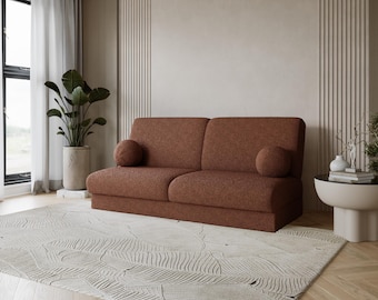 Curved Rusty Orange Bouclé Sofa Bed – Scandi Minimalist Sleeper Couch, Warm Vibrant Tone, With Storage