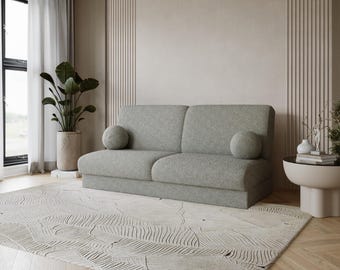 Curved Light Ashen Grey Bouclé Sofa Bed – Japandi Minimalist Sleeper Couch, Soft Neutral Tone, With Storage