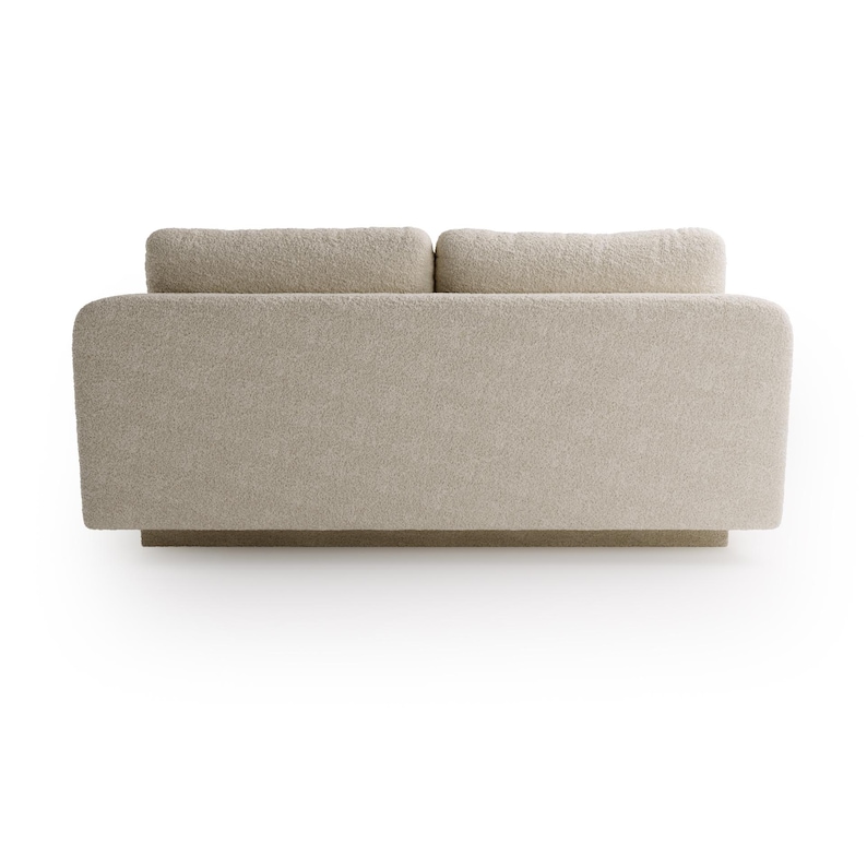 May include: A neutral-toned, modern sofa with a low profile and a textured, boucle fabric. The sofa features two back cushions and a wide, rectangular base. The overall design is minimalist and contemporary, suitable for various interior styles.