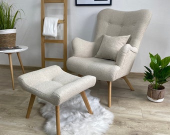 Fauteuil scandinave Bouclé crémeux + FOOTSTOOL/ chaise de soins infirmiers // Schaukelstuhl/ Sessel