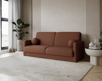 Rusty Orange Apricot Boucle Sofa Bed – Warm Modern Sleeper Couch, With or Without Armrests, Cozy Living Room Accent